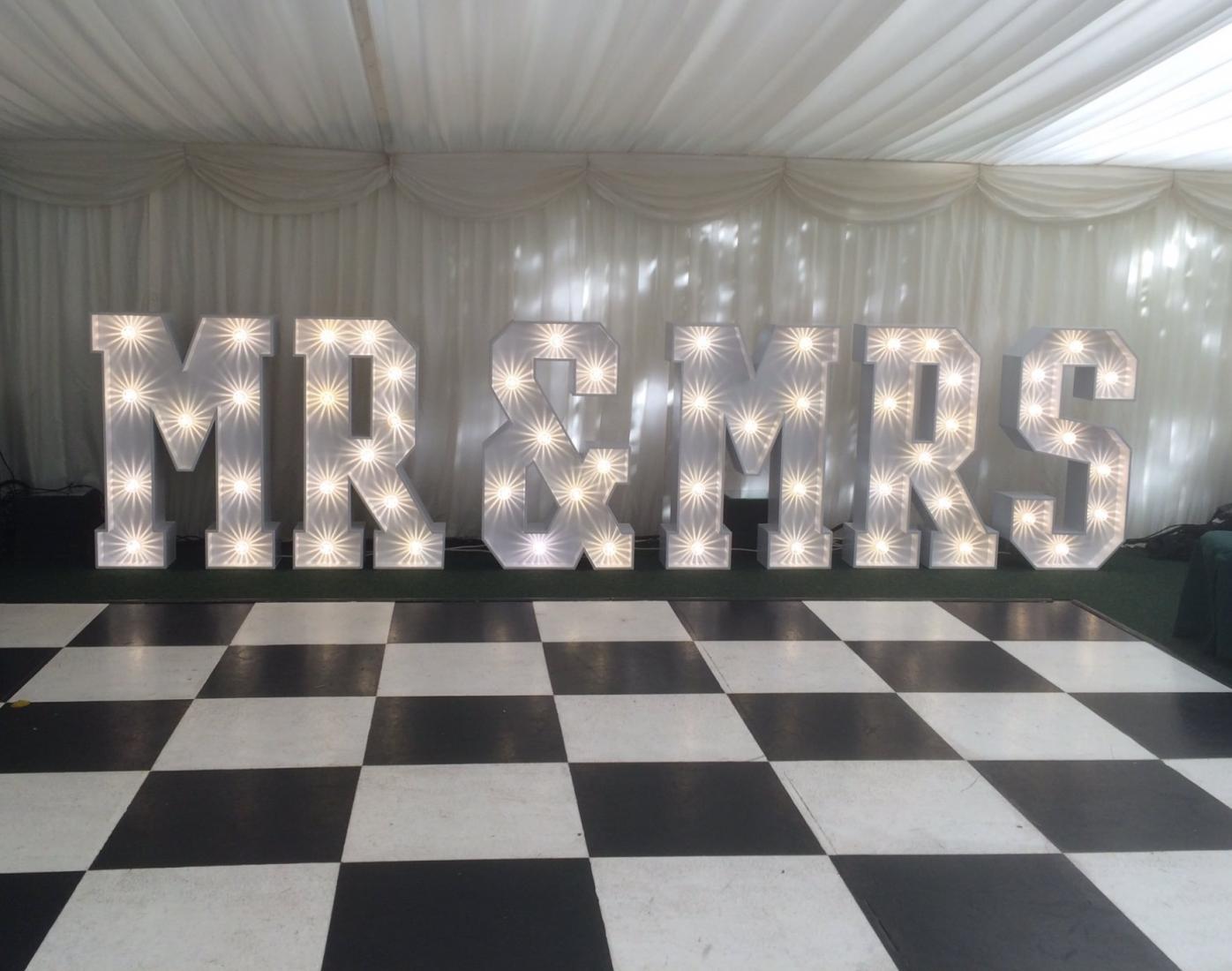 LED Mr & Mrs Letters and chequered dance floor