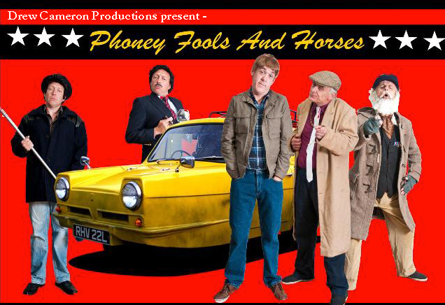 Phoney Fools and Horses comedy act standing in front of del boys car