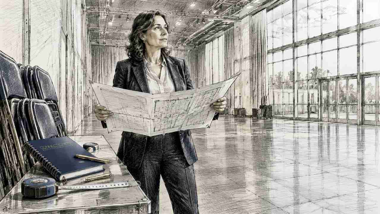Event planner measuring empty entertainment venue
