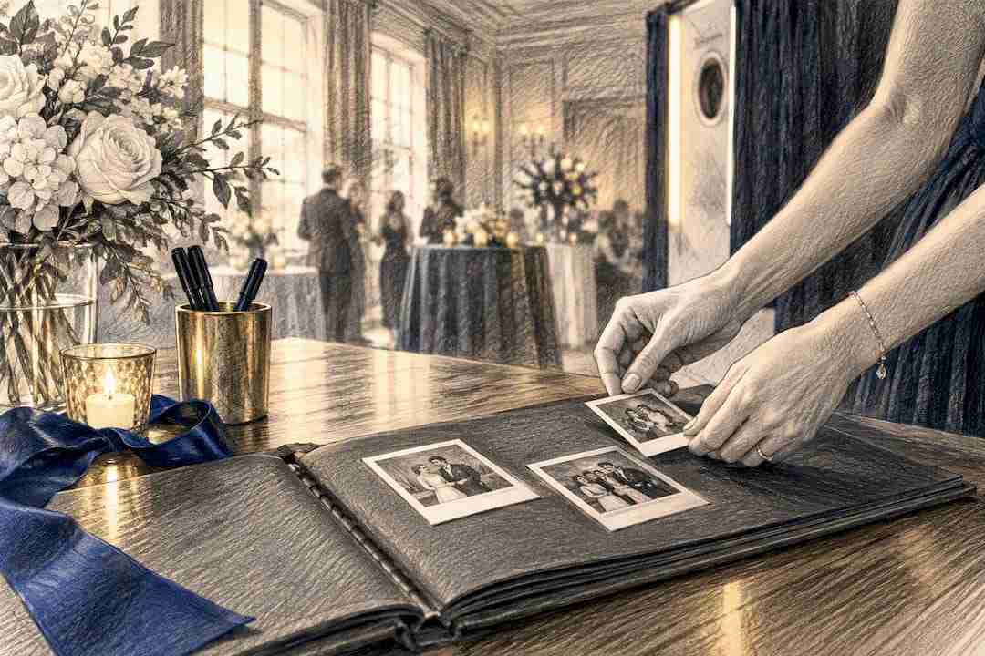 Guest adding an instant photo to wedding guest book