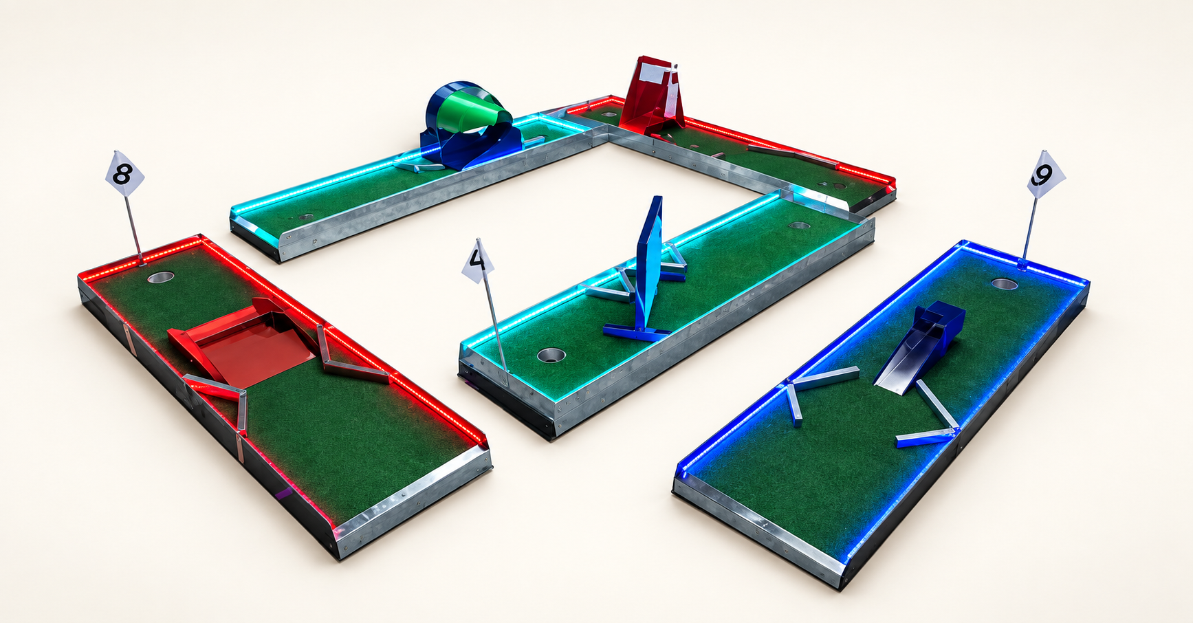 Five-hole LED mini golf course with coloured illuminated borders