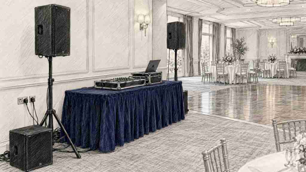 DJ table beside venue sockets and speakers